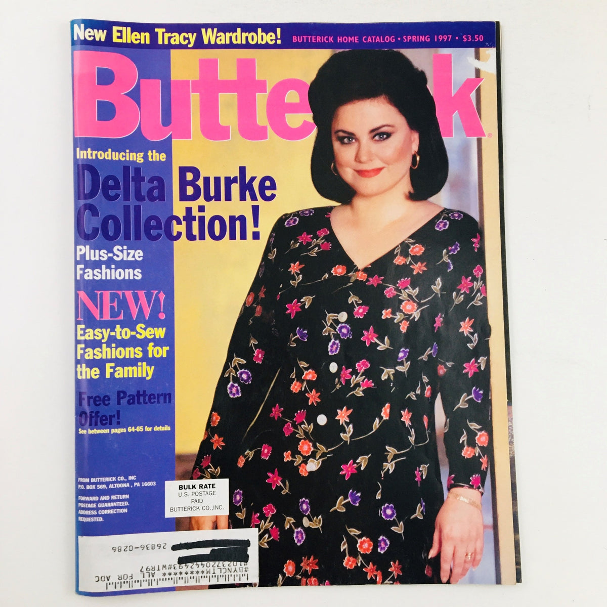 Butterick Home Catalog Spring 1997 featuring Delta Burke wearing a floral front-buttoned dress, highlighting plus-size fashion options and a vibrant cover design.