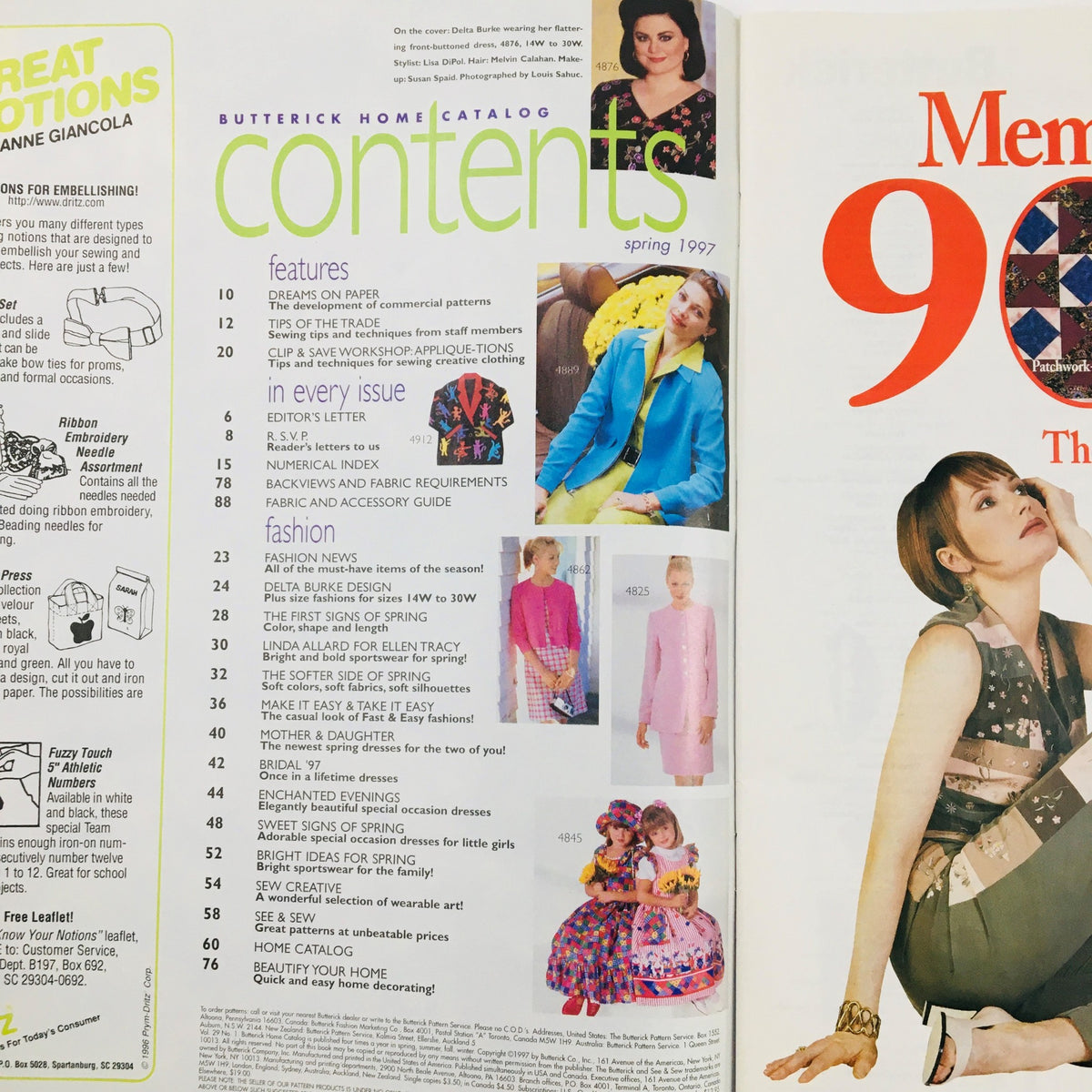 Inside pages of Butterick Home Catalog Spring 1997, showcasing the table of contents, fashion highlights, and features, including Delta Burke's styles and spring fashion trends.