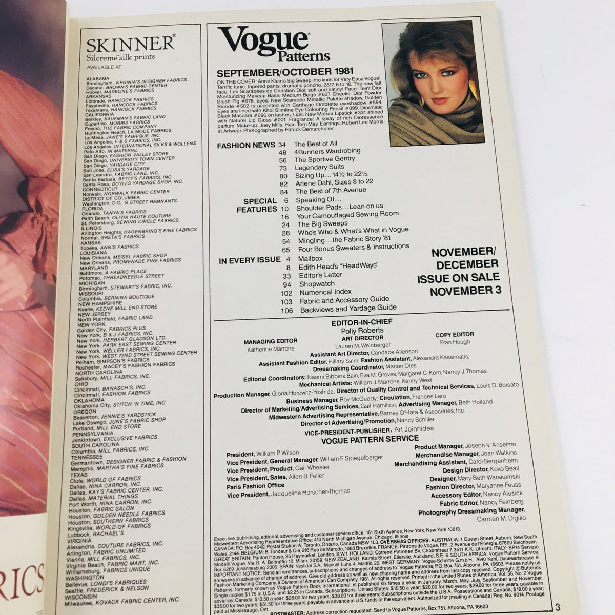 Contents page of Vogue Patterns Magazine September 1981, highlighting various fashion news and special features related to knitwear design.