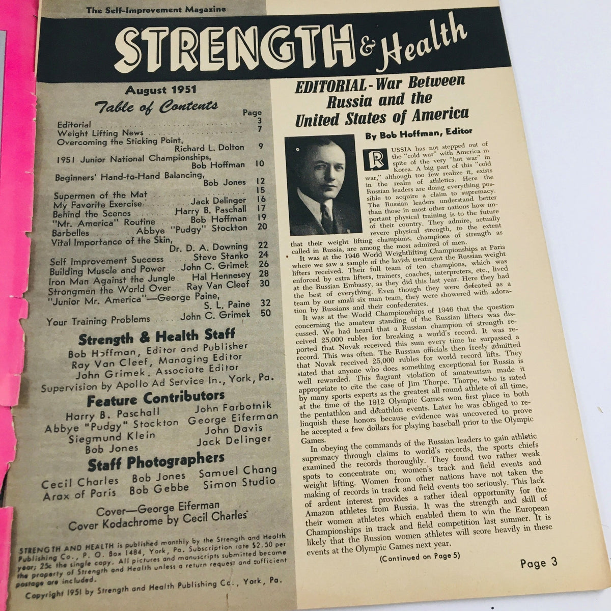 Interior page of Strength & Health Magazine August 1951 displaying the table of contents and editorial section, highlighting articles on bodybuilding and fitness.