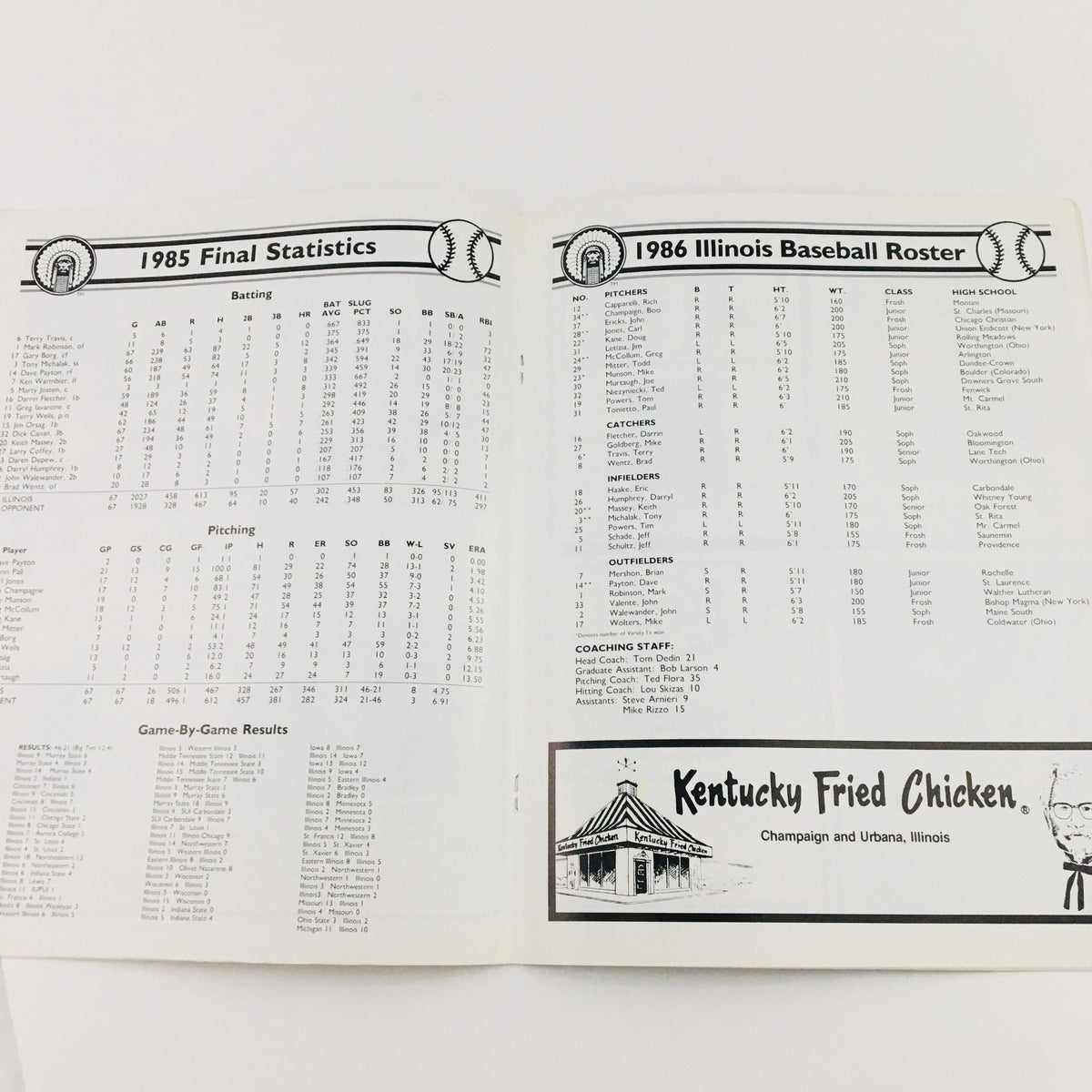 Statistical pages from the 1986 University of Illinois magazine, detailing player statistics and rosters from the baseball season under Head Coach Tom Dedin.