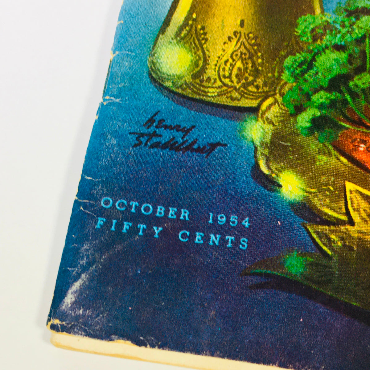 Close-up of the cover of VTG Gourmet The Magazine of Good Living October 1954, showcasing the date and artist's signature.