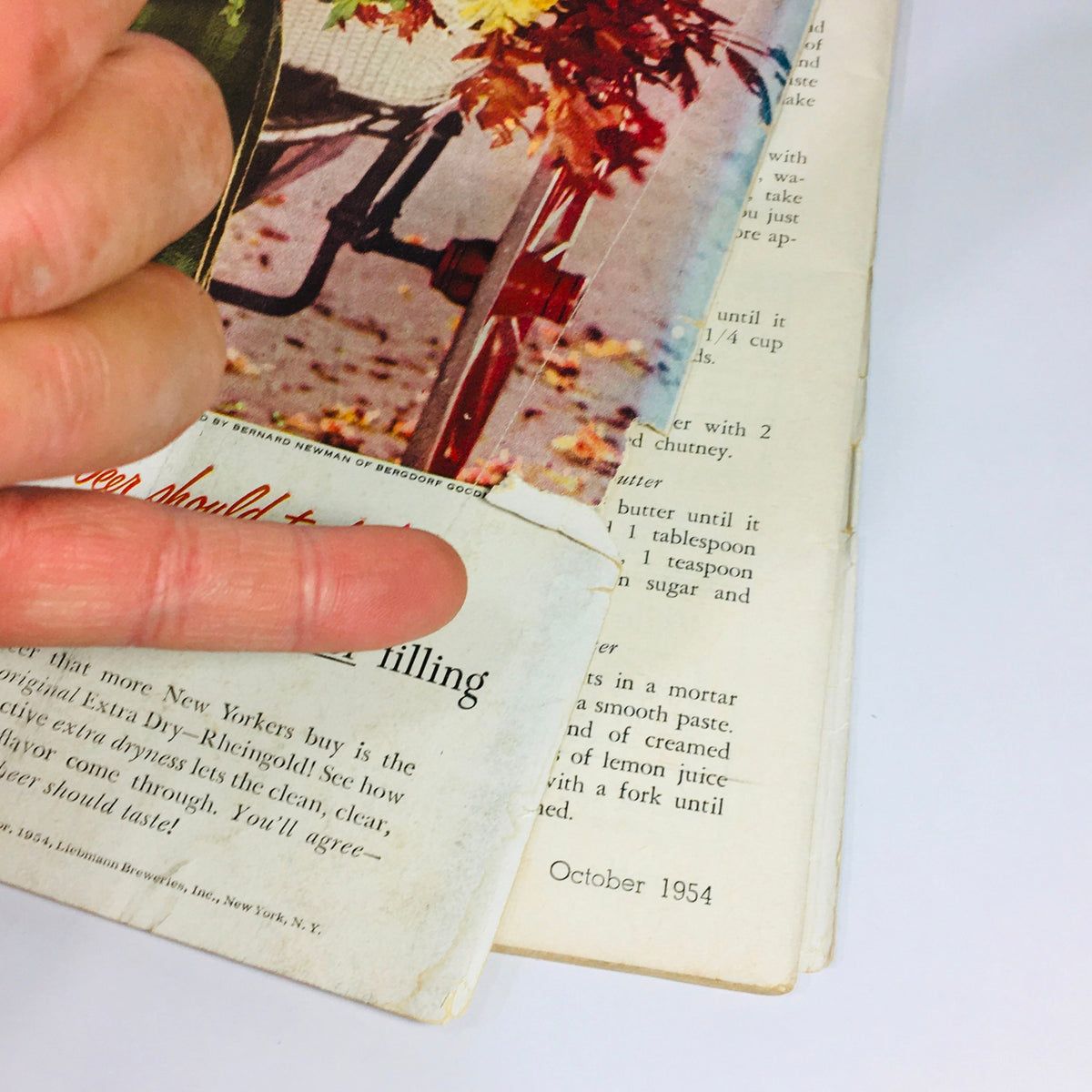 Inside page of VTG Gourmet The Magazine of Good Living October 1954, displaying a close-up of a vintage advertisement for Rheingold Extra Dry Beer, with visible signs of wear from age.