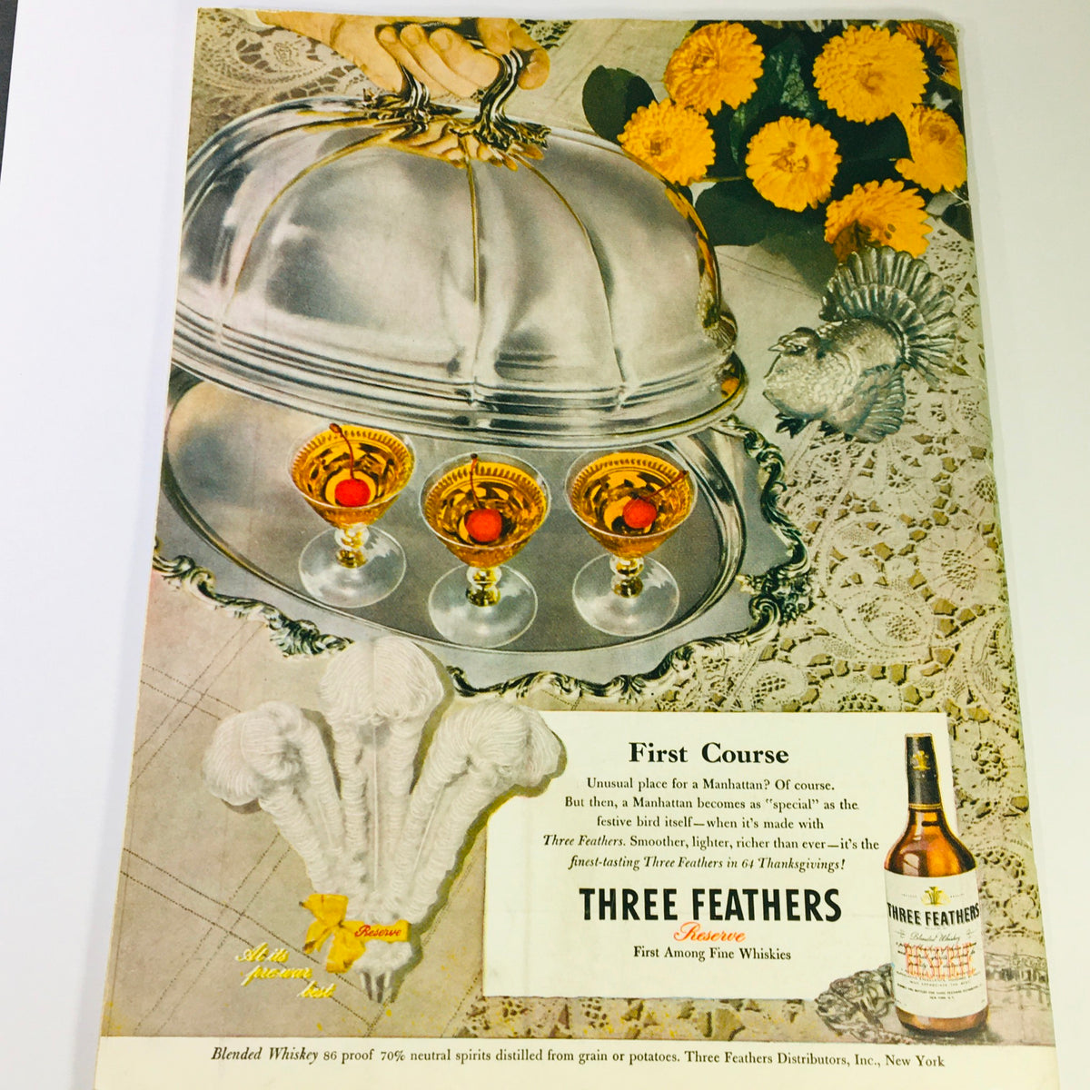 VTG Gourmet Magazine Cover from November 1946 featuring elegant dining setup with silver cloche, golden glasses, and decorative elements, highlighting the theme of 'Tidings of Tea & Scallop'.