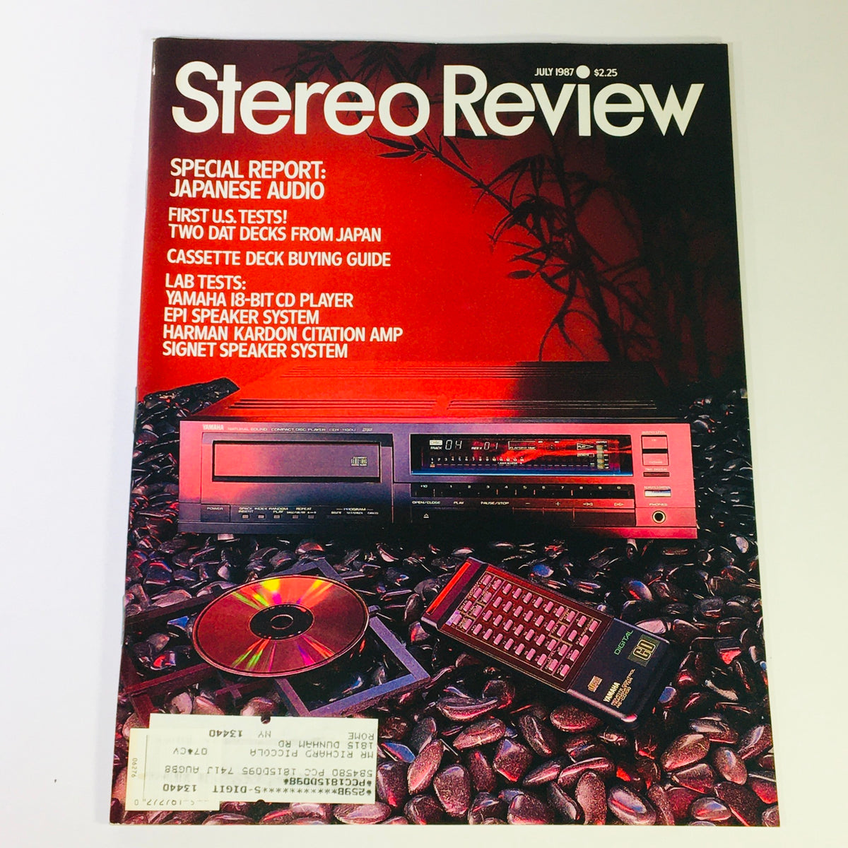 July 1987 issue of Stereo Review Magazine featuring a Yamaha I8-Bit CD Player and Epi Speaker System, showcasing a bold cover design with a special report on Japanese audio and lab tests for various audio equipment.