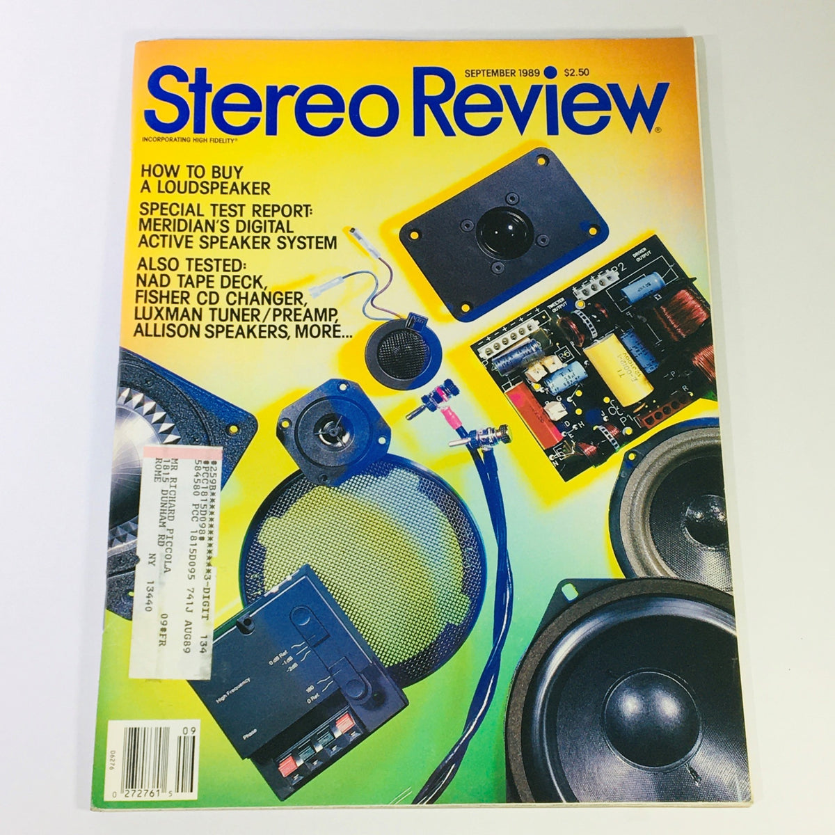 Cover of the VTG Stereo Review Magazine from September 1989, featuring a vibrant design with audio equipment including speakers and a Nad tape deck and Fisher CD changer, aimed at audio enthusiasts and collectors.