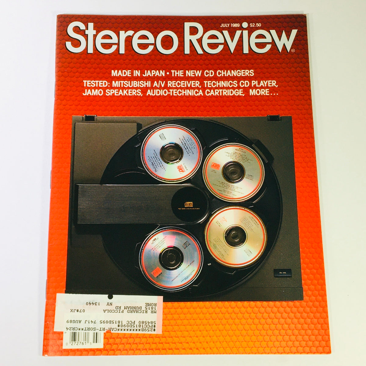 July 1989 issue of Stereo Review Magazine featuring Mitsubishi A/V Receiver and Jamo Speakers, showcasing a collection of CDs and audio technology advancements from the late 20th century.