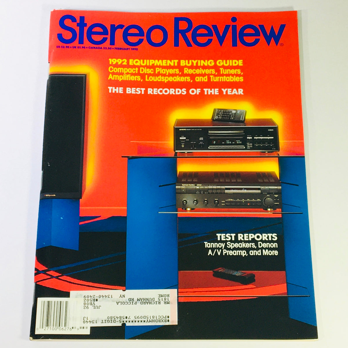 Cover of Stereo Review Magazine February 1992 featuring an Equipment Buying Guide for Loudspeakers, showcasing audio equipment including speakers and receivers, with vibrant colors and bold typography.