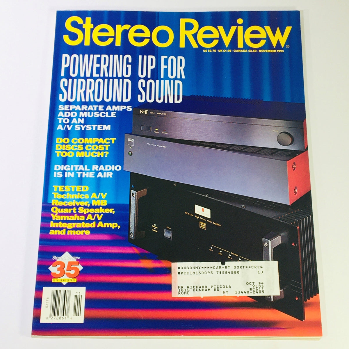 Cover of Stereo Review Magazine November 1993 featuring Technics A/V Receiver and MB Quart Speaker, with the headline 'Powering Up for Surround Sound', showcasing audio technology reviews.