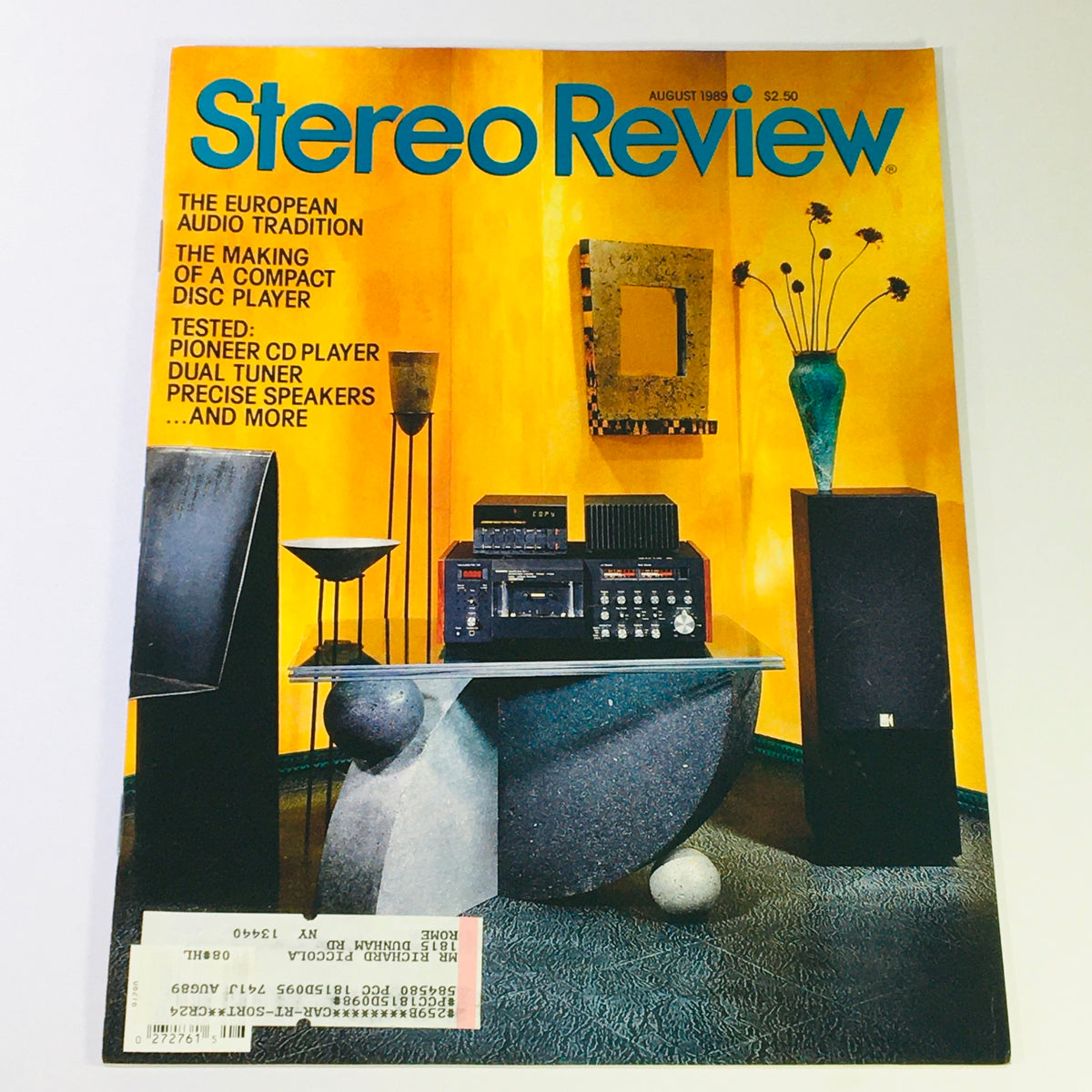 Vintage Stereo Review Magazine - August 1989 cover showcasing the European audio tradition, with highlights including the making of a compact disc player, a Pioneer CD player, and dual tuner speakers in a vibrant interior setting.