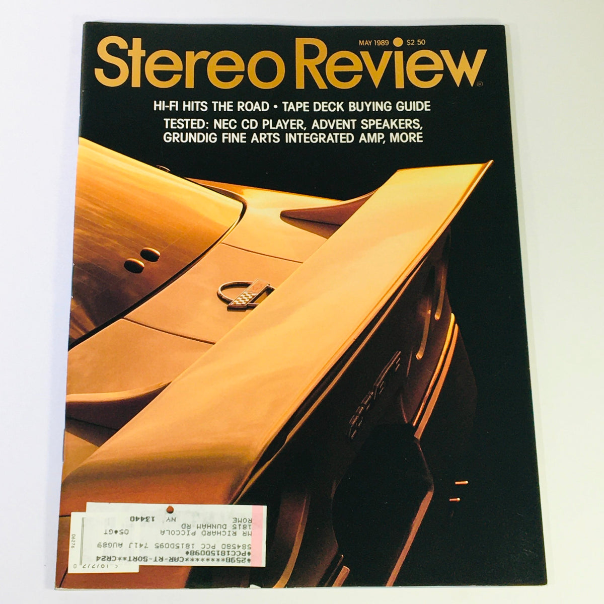 Cover of VTG Stereo Review Magazine May 1989 featuring a Tape Deck Buying Guide and Hi-Fi Hits, showcasing a sleek car design and vintage audio technology insights.