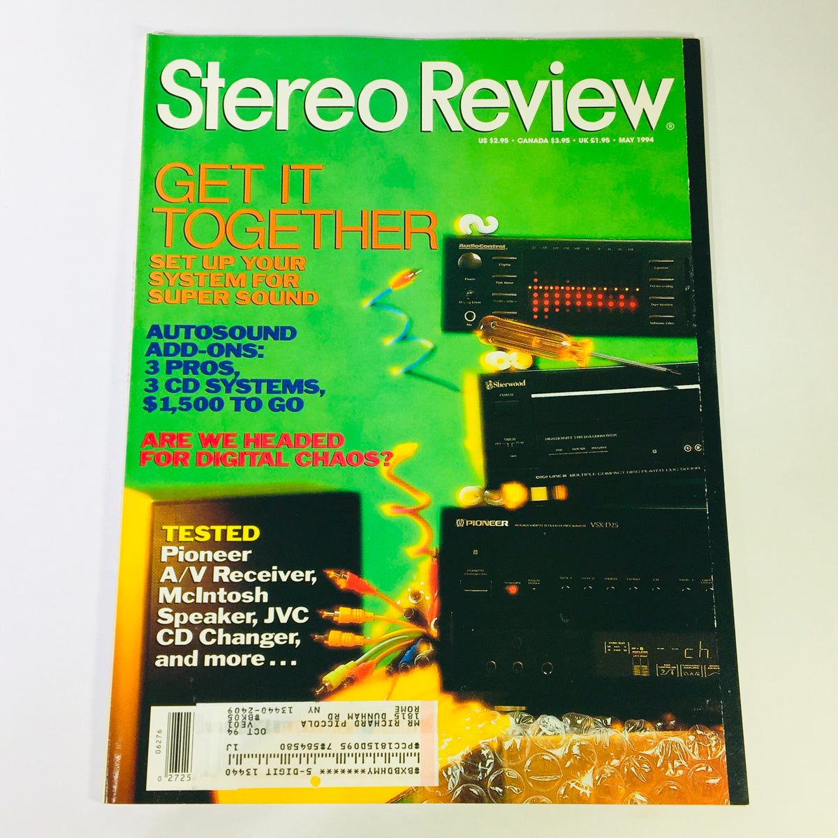 Cover of Stereo Review Magazine May 1994 featuring the title 'Stereo Review Magazine May 1994 - Pioneer A/V Receiver & McIntosh Speaker Tested'. The cover includes colorful graphics and highlights on audio equipment reviews.