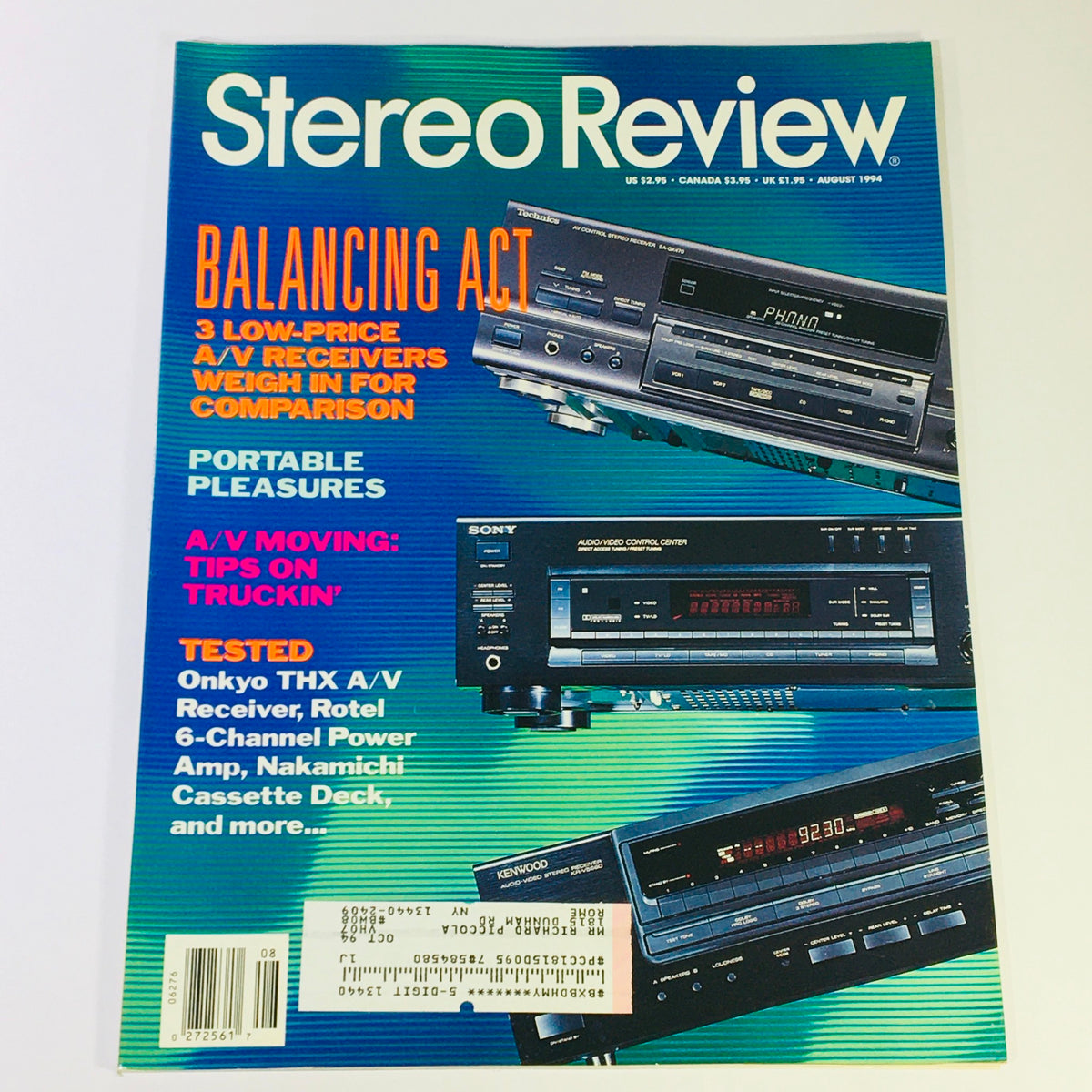 Cover of Stereo Review Magazine August 1994 featuring a headline on 'Balancing Act' with reviews of low-price A/V receivers, and a detailed test of the Onkyo THX A/V Receiver and Nakamichi cassette deck.