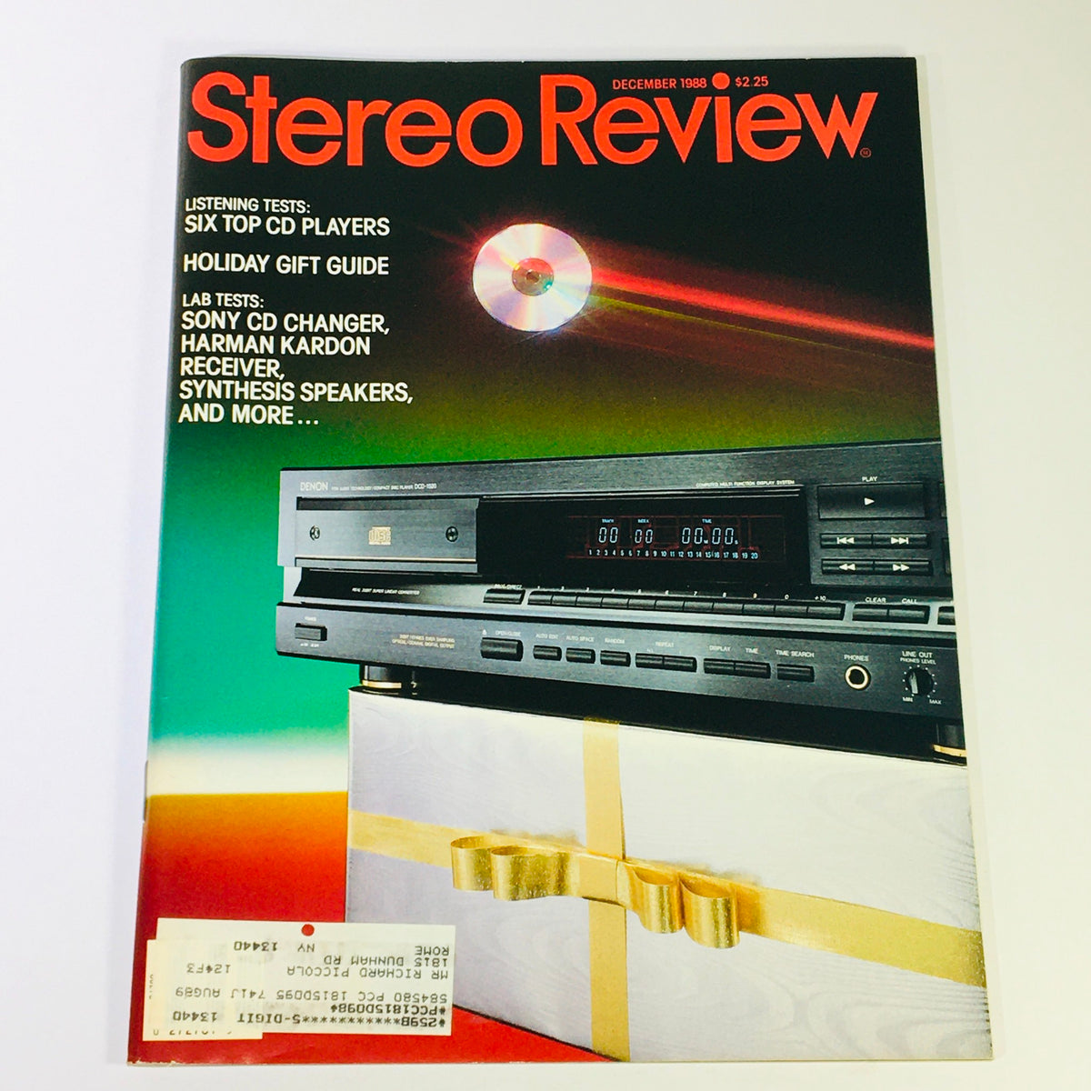December 1988 issue of Stereo Review Magazine featuring a Sony CD Changer, Harman Kardon Receiver, and Christmas-themed presentation image. This collectible magazine provides insights on audio technology and music culture from the late 80s.
