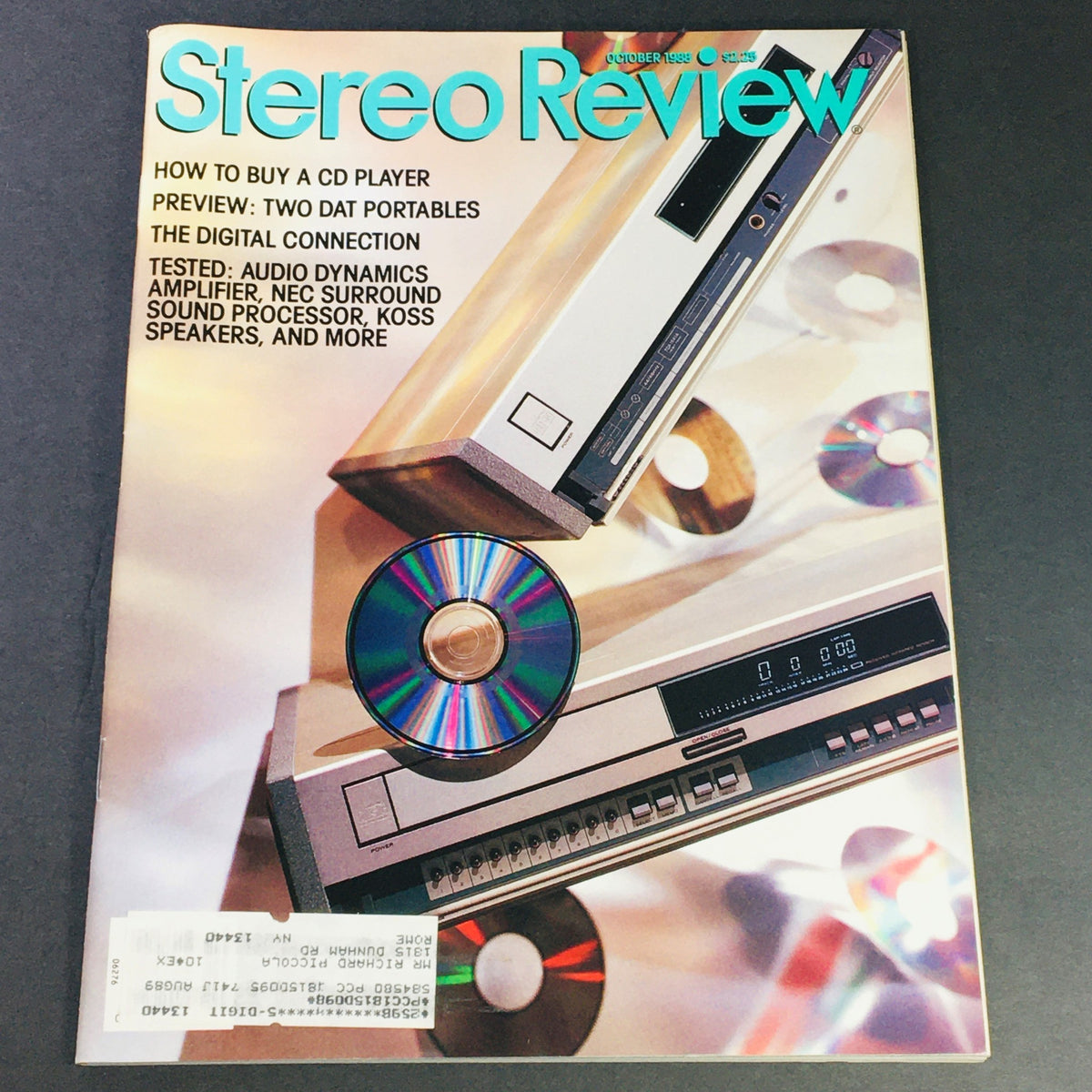 Front cover of VTG Stereo Review Magazine from October 1988 featuring articles on audio technology, including Audio Dynamics Amplifier and NEC Surround Test, with visual elements like a CD player and commercial label.
