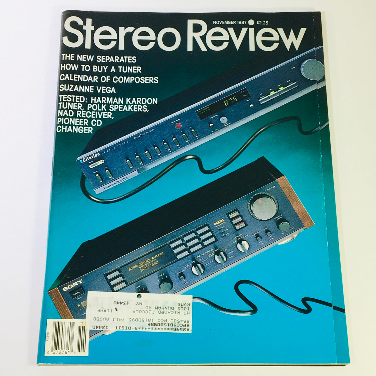 Vintage Stereo Review Magazine cover for November 1987 featuring Harman Kardon tuner and Polk speakers. The cover displays audio equipment with bright colors and bold text, highlighting features like 'How to Buy a Tuner' and reviews on NAD receivers and Pioneer CD changers.