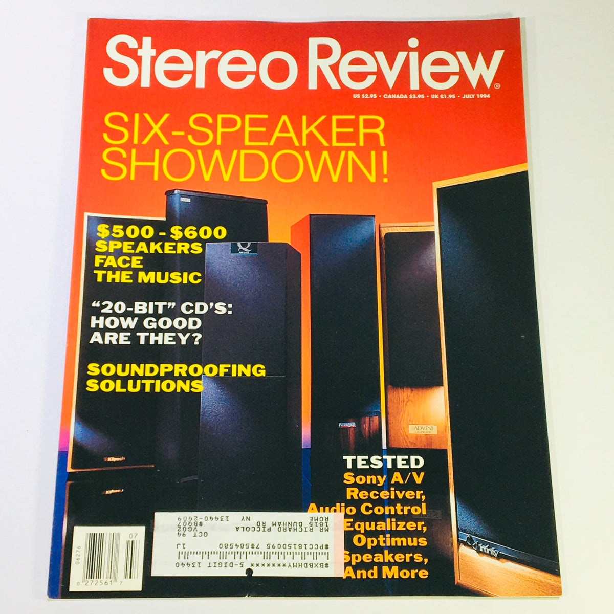 Cover of Stereo Review Magazine July 1994, featuring six-speaker showdown, and articles on $500-$600 speakers, 20-bit CDs, and soundproofing solutions. Highlights the Sony A/V Receiver and Audio Control Equalizer.