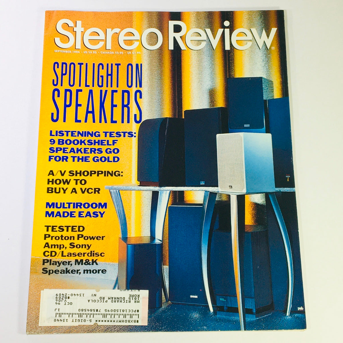 Cover of Stereo Review Magazine September 1994 featuring a spotlight on speakers with articles including listening tests, A/V shopping tips, and reviews of the Proton Power Amp and Sony CD/Laserdisc player.