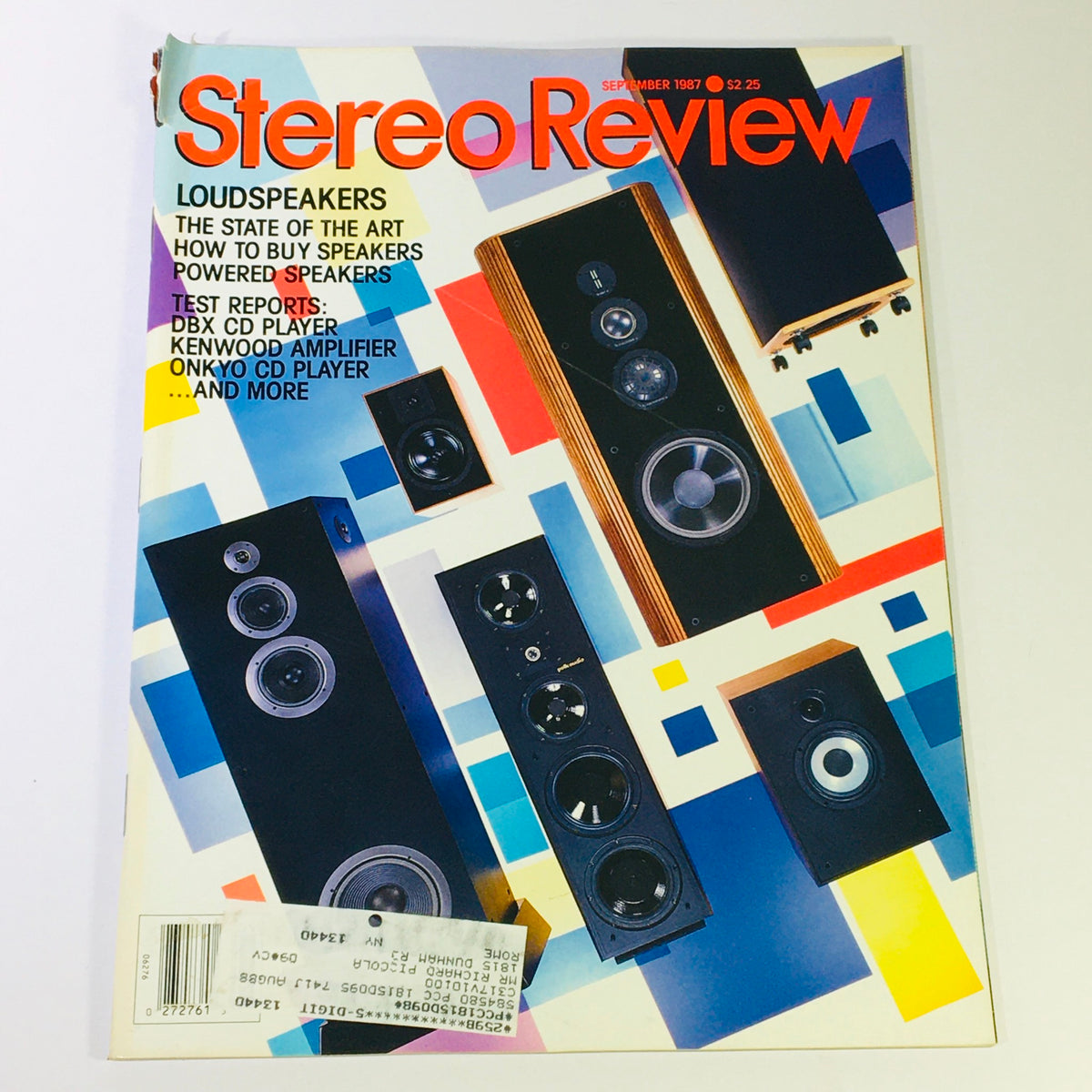 Cover of the VTG Stereo Review Magazine, September 1987 issue, featuring product reviews of the DBX CD Player and Kenwood Amplifier. The design showcases various audio speakers with colorful geometric backgrounds.