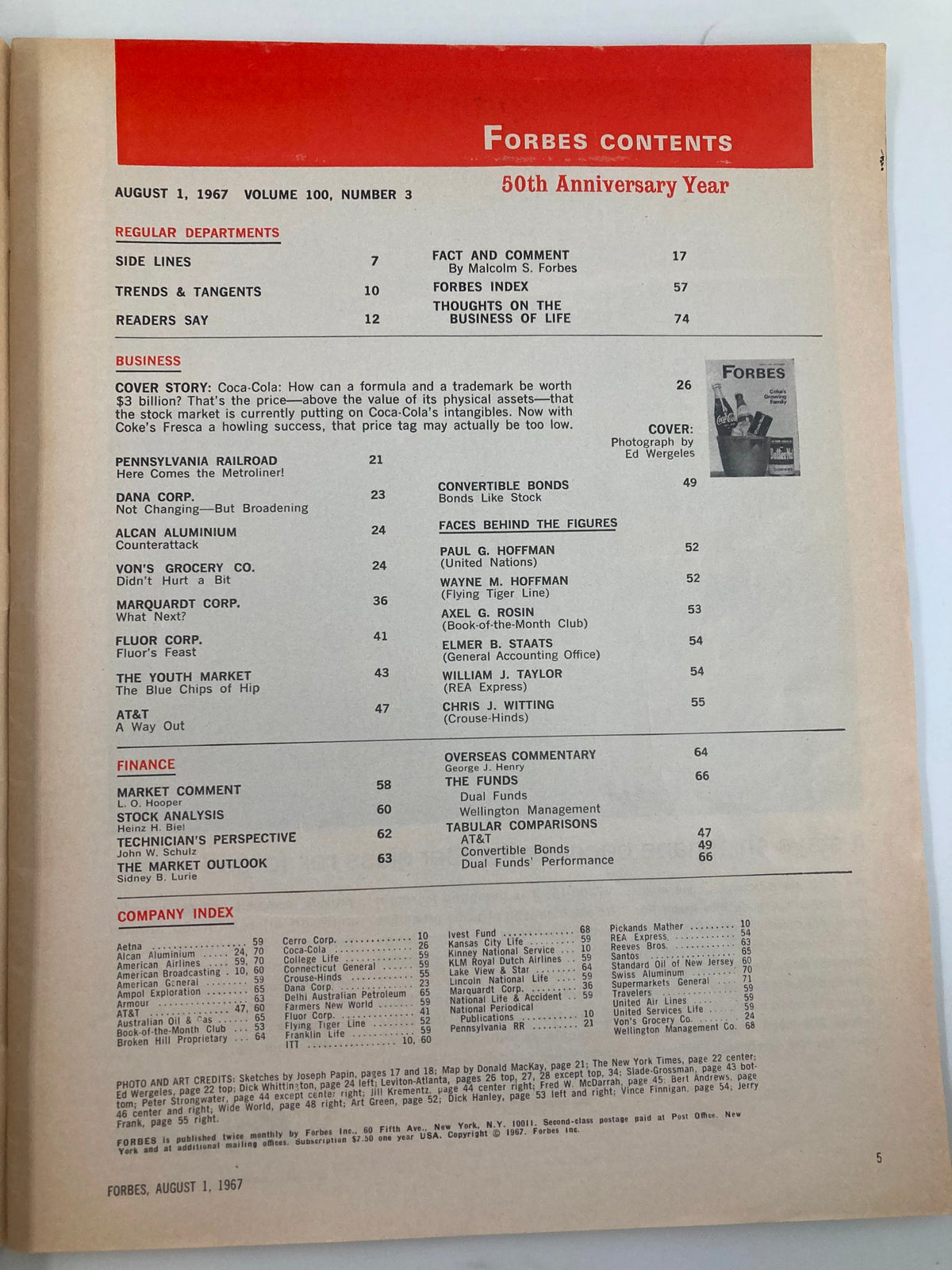 Contents page of Forbes Magazine, August 1, 1967, showcasing the layout and sections including the cover story about Coca-Cola.