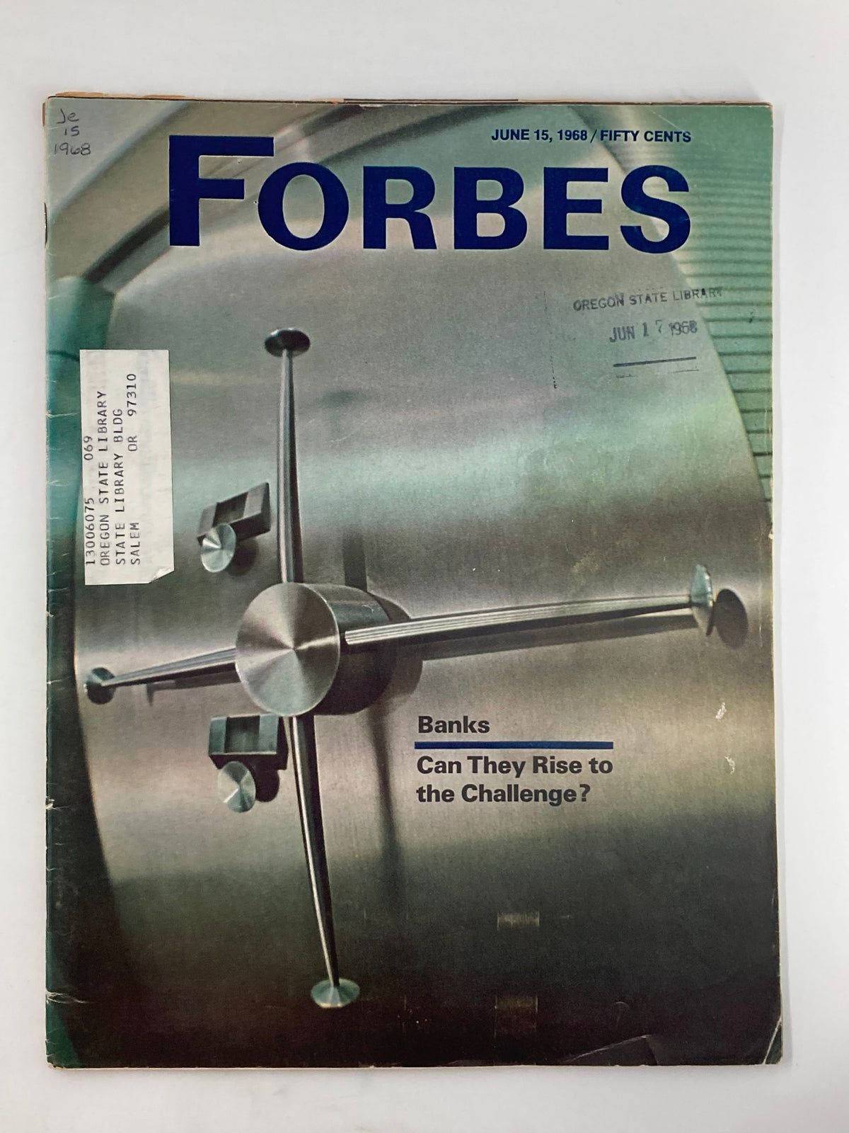 Cover of VTG Forbes Magazine June 15 1968 featuring a bank vault door and the question, 'Banks Can They Rise to the Challenge?' highlighting the financial concerns of the era.