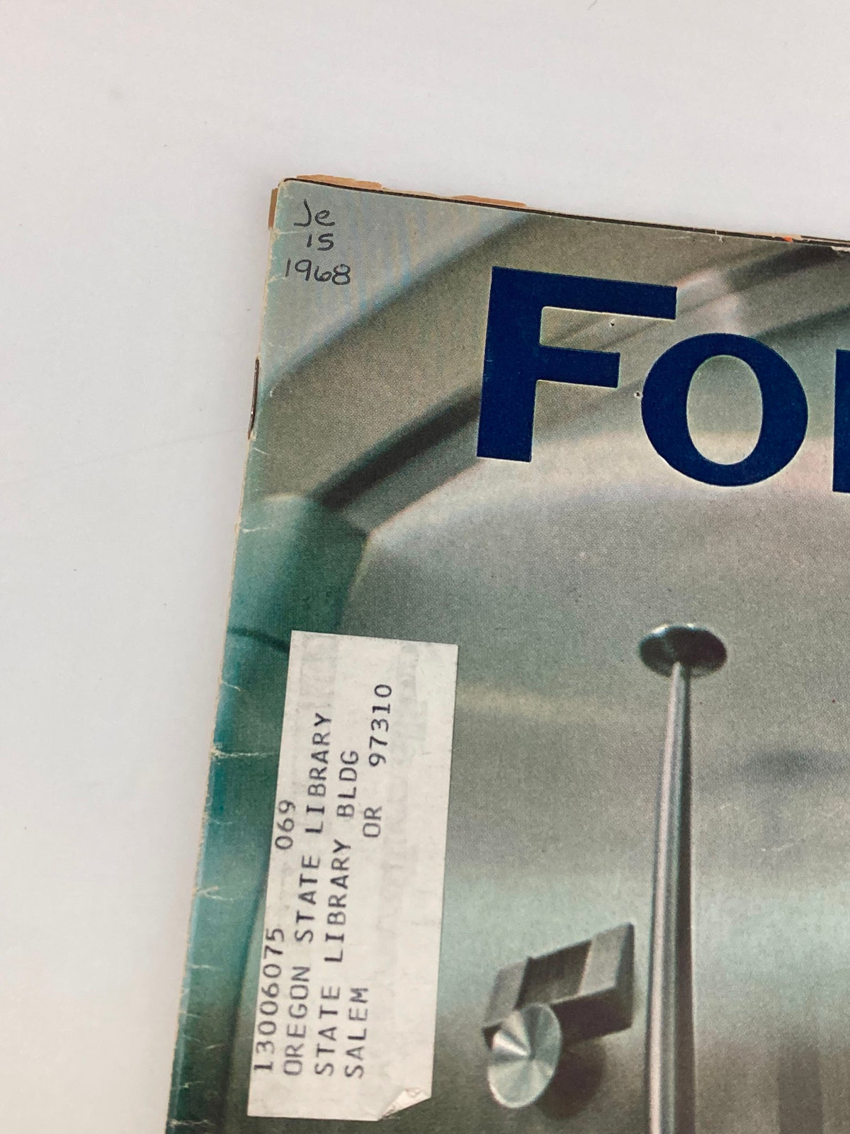 Close-up of the top corner of VTG Forbes Magazine June 15 1968 showing the date and a label from Oregon State Library.