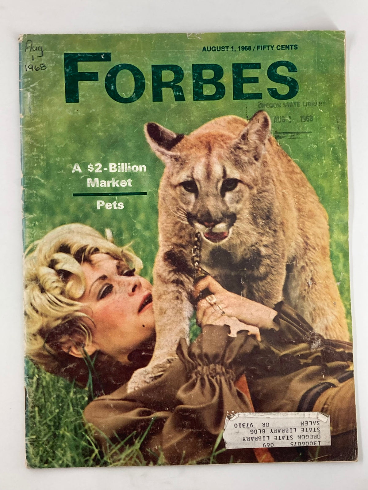 VTG Forbes Magazine August 1, 1968 cover featuring a woman with a pet cougar, highlighting the $2-billion pet market.