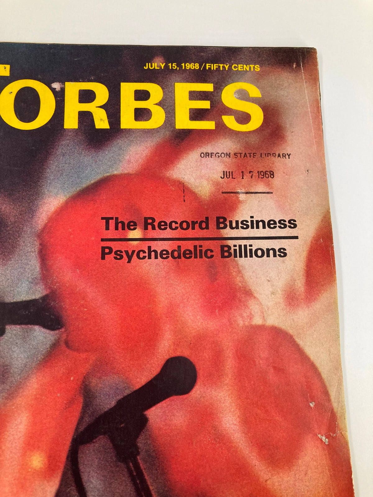 Close-up of the front cover of the July 15, 1968 Forbes magazine, showcasing the title 'The Record Business: Psychedelic Billion' and the date prominently.