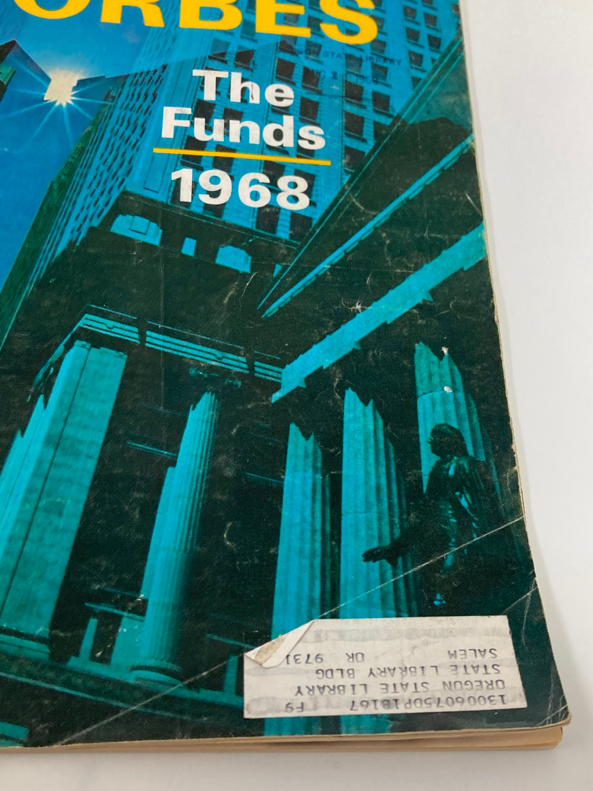 Close-up of the cover of VTG Forbes Magazine August 15 1968 displaying the title 'The Funds 1968' with details of minor wear and a library stamp.