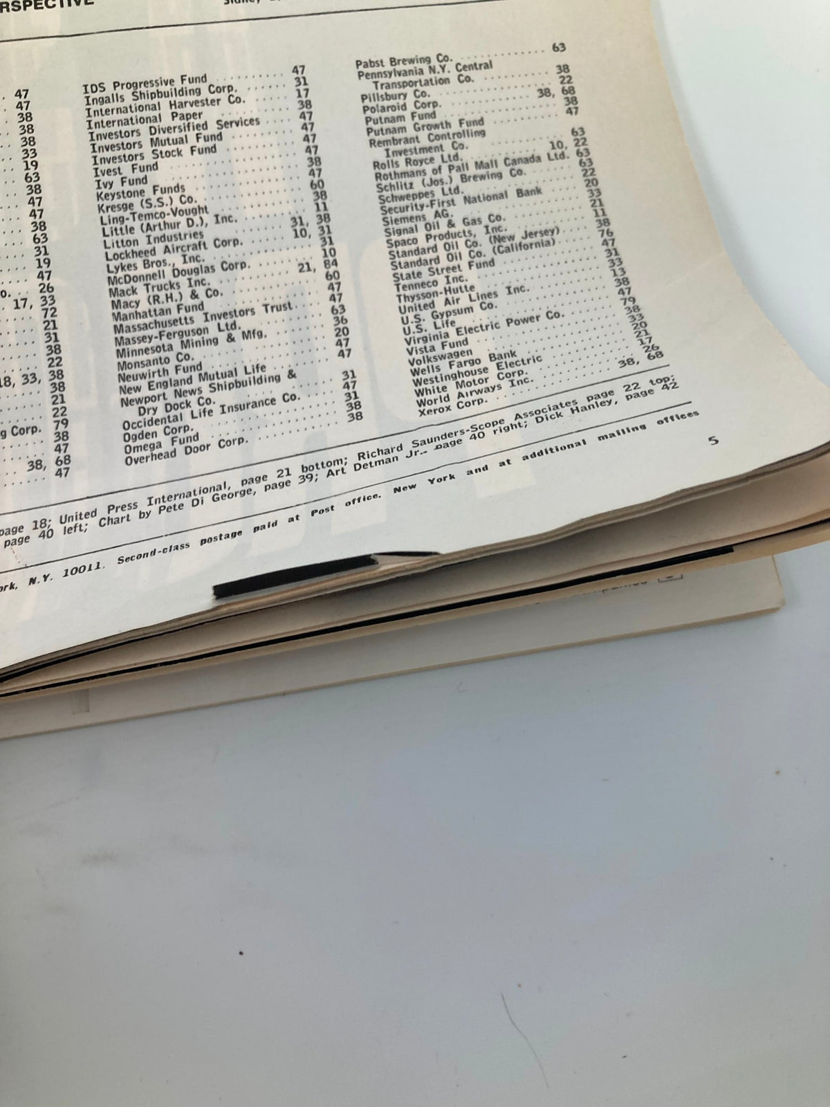 List of financial topics and company index from the contents of VTG Forbes Magazine August 15 1968, reflecting investment strategies.