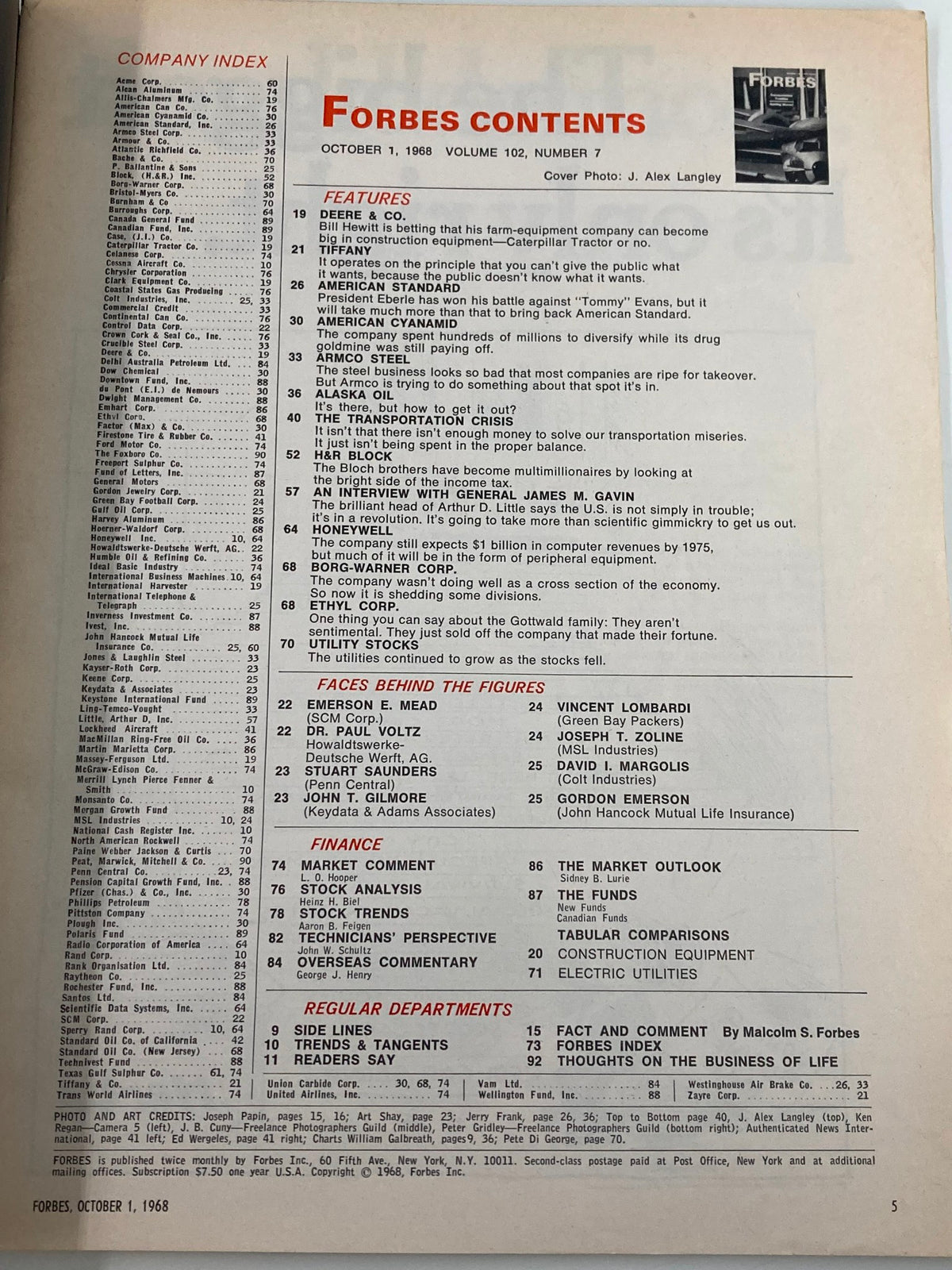 Contents page of the VTG Forbes Magazine October 1, 1968, listing articles and features related to historical transportation issues.