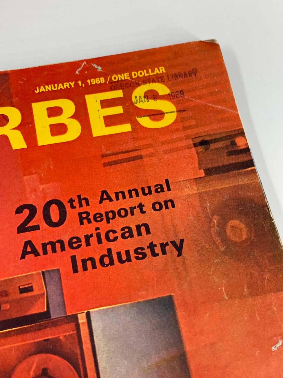 Detailed image of the Vintage Forbes Magazine January 1 1968 highlighting the title and 20th Annual Report on American Industry.