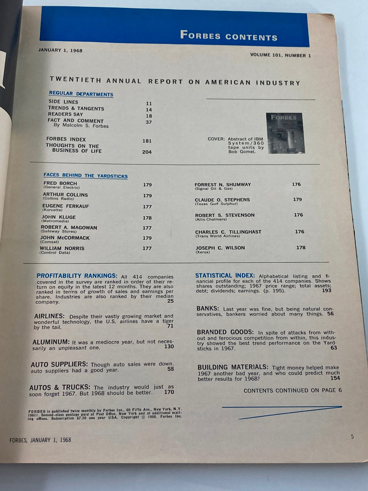 Table of contents from Vintage Forbes Magazine January 1 1968, featuring the Twentieth Annual Report on American Industry, listing regular departments, profitability rankings, and key topics for readers.