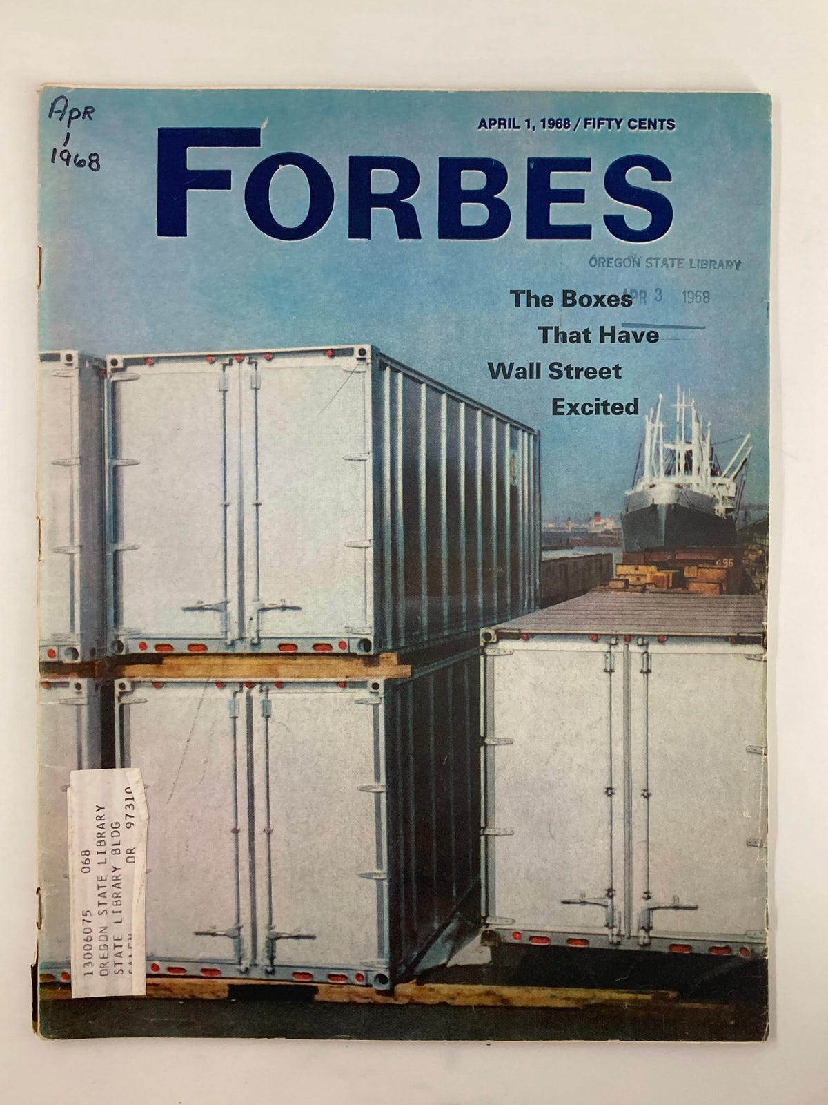 Cover of VTG Forbes Magazine, April 1, 1968, titled 'The Boxes That Have Wall Street Excited,' featuring cargo containers and a ship in the background.