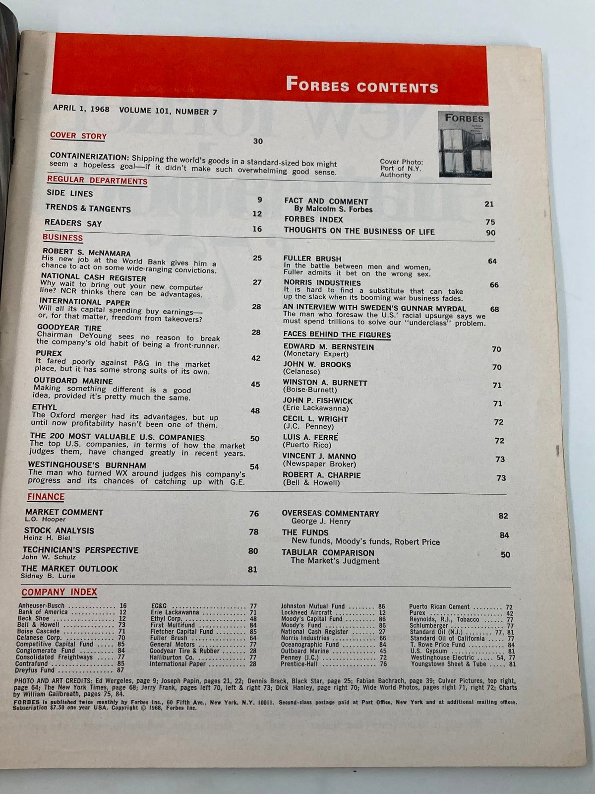 Contents page of VTG Forbes Magazine, April 1, 1968, detailing articles and features with a focus on the financial topics of the era, including containerization.
