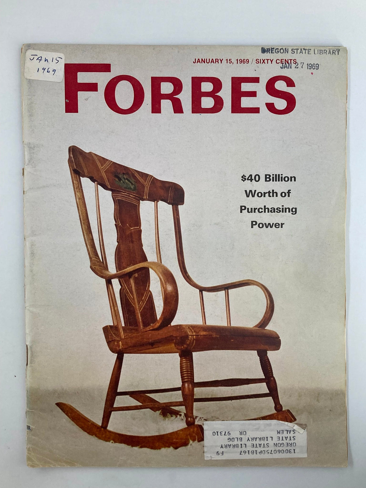 Cover of VTG Forbes Magazine January 15 1969 featuring a rocking chair with the headline '$40 Billion Worth of Purchasing Power'.