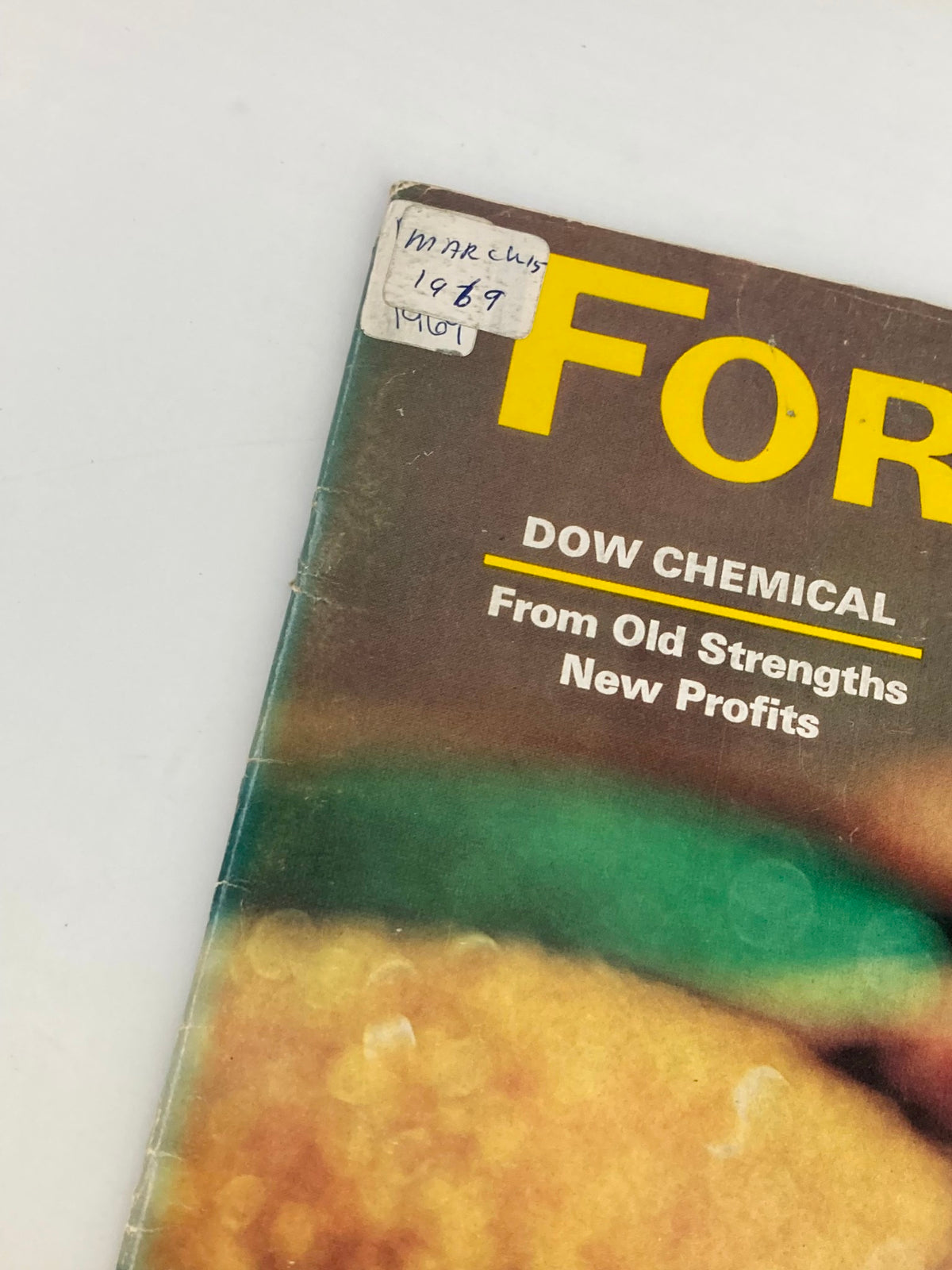 Cover detail of Vintage Forbes Magazine March 15 1969, featuring a label indicating its year with the title 'From Old Strengths, New Profits' related to Dow Chemical.
