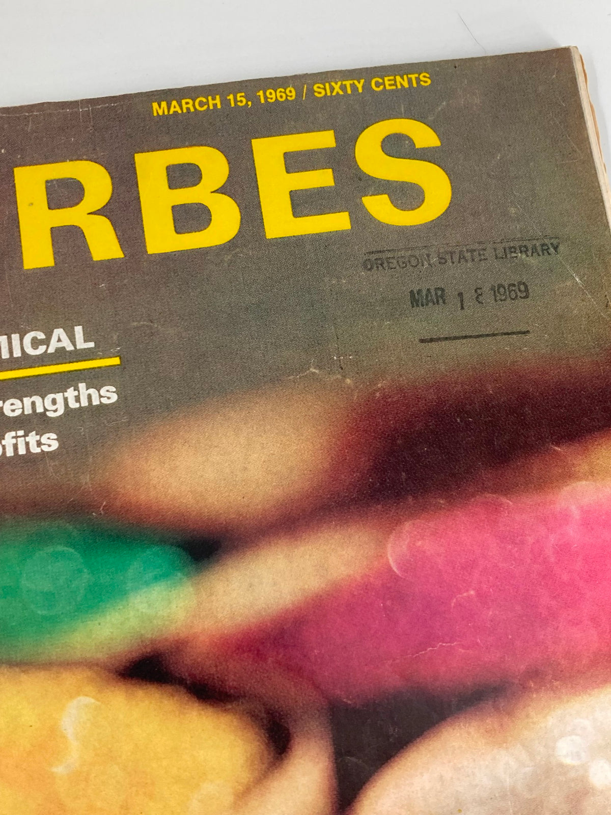 Front cover of Vintage Forbes Magazine March 15 1969 displaying the title, date, and a library mark from Oregon State Library, highlighting the article on Dow Chemical.