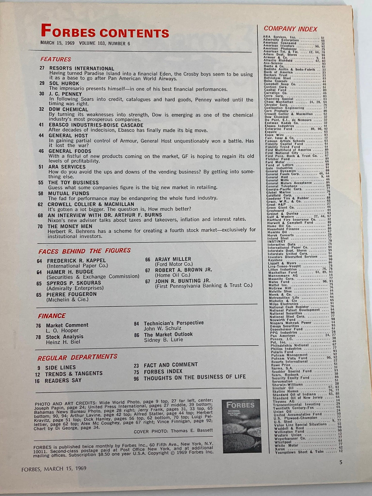 Contents page of Vintage Forbes Magazine March 15 1969, featuring various articles including corporate insights, adhering to the theme of 'From Old Strengths, New Profits' related to Dow Chemical.