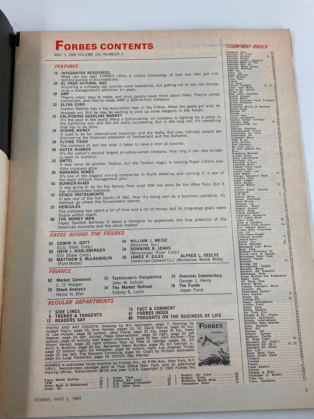 Contents page of VTG Forbes Magazine May 1 1969, detailing features and articles including financial topics and insights.