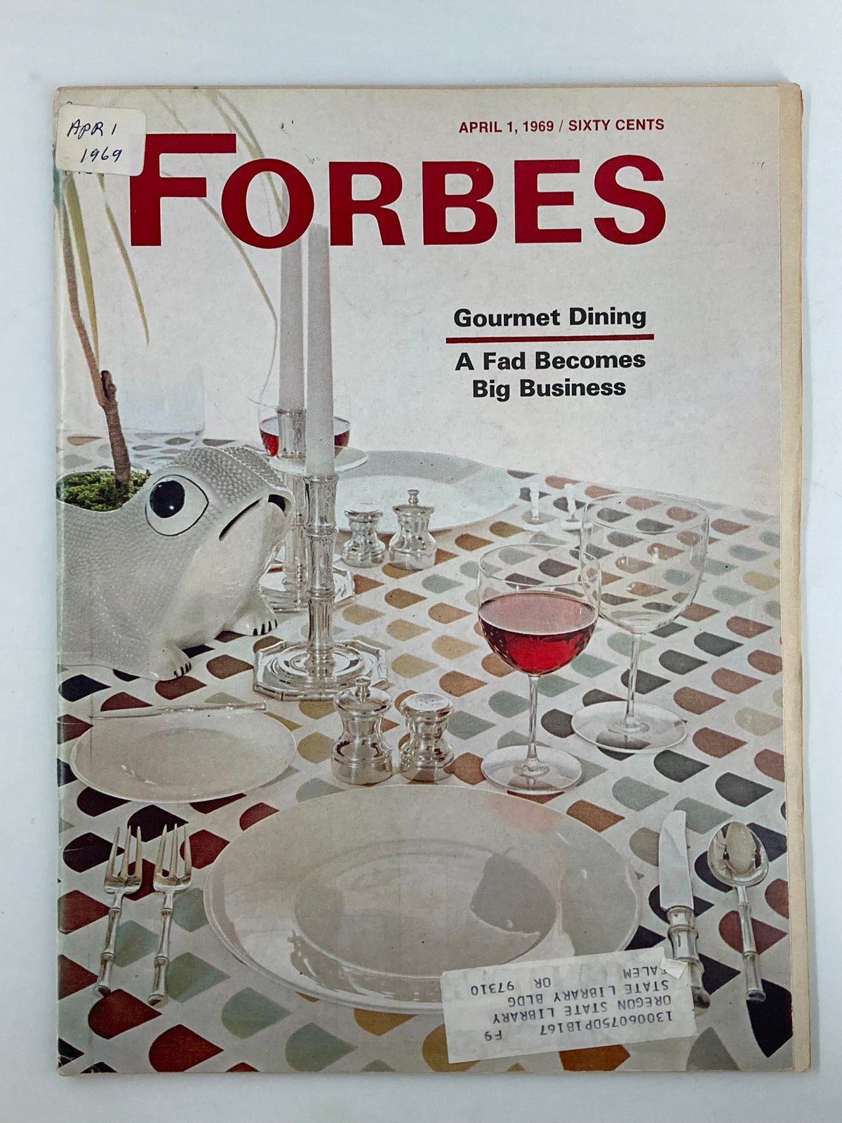 VTG Forbes Magazine April 1 1969 cover featuring the title 'Gourmet Dining: A Fad Becomes Big Business' with a dining setup showcasing elegant tableware and decor.