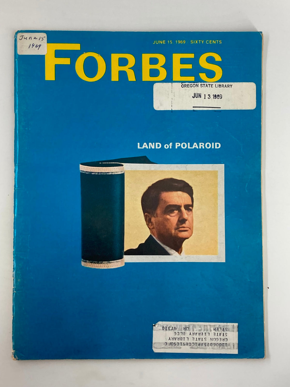 Cover of VTG Forbes Magazine from June 15, 1969, featuring yellow 'FORBES' title, subheading 'LAND of POLAROID', and a full-color portrait of a man. A vintage publication exploring the economic and technological trends of the 1960s.
