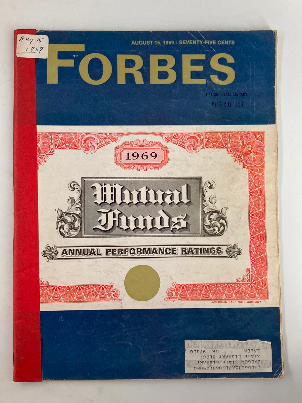 VTG Forbes Magazine August 15 1969 cover featuring the title 'Mutual Funds Annual Performance Ratings', showcasing vintage design and condition with a label.