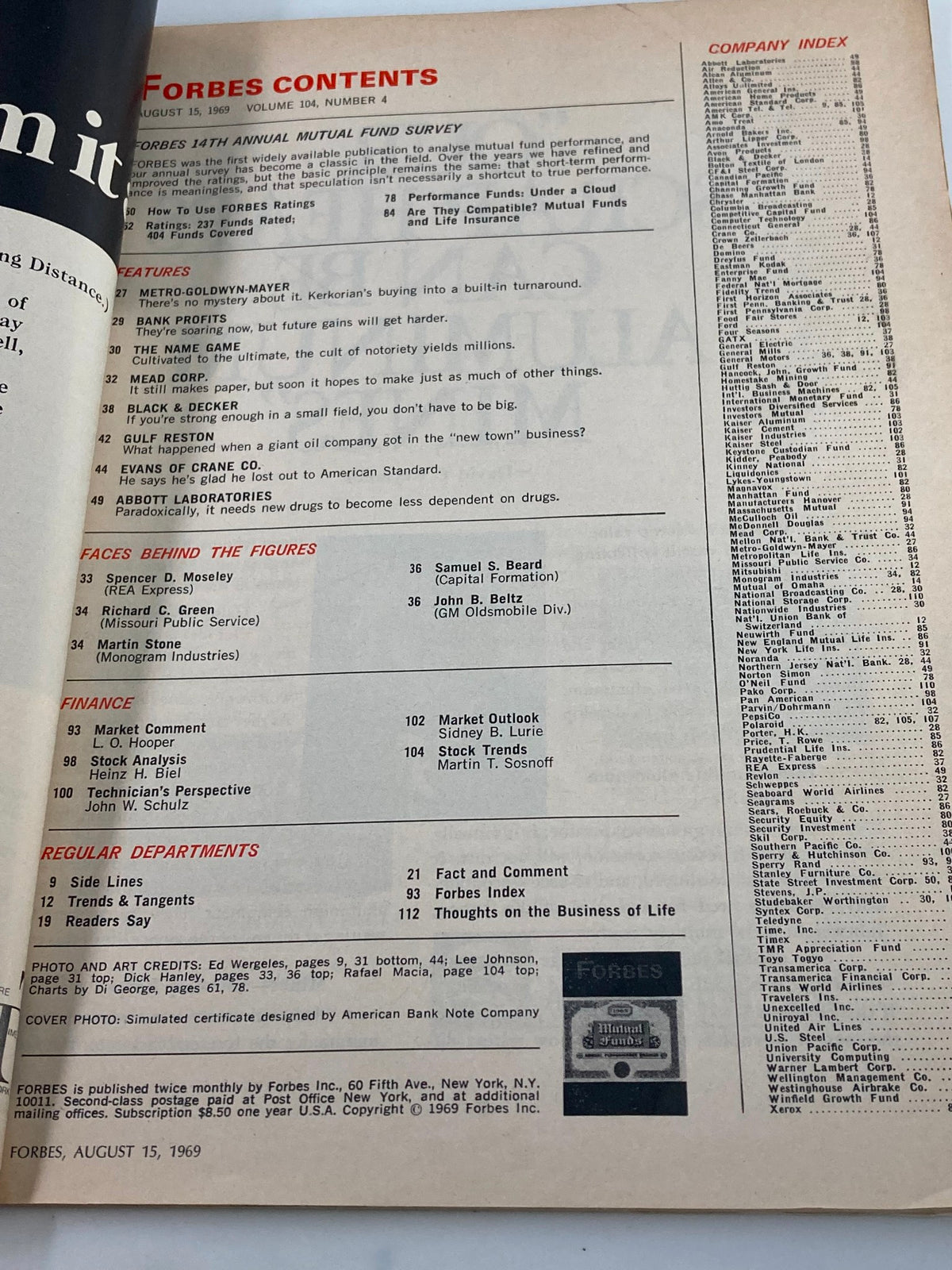 VTG Forbes Magazine August 15 1969 contents page including features and company index from the issue titled 'Mutual Funds Annual Performance Ratings'.