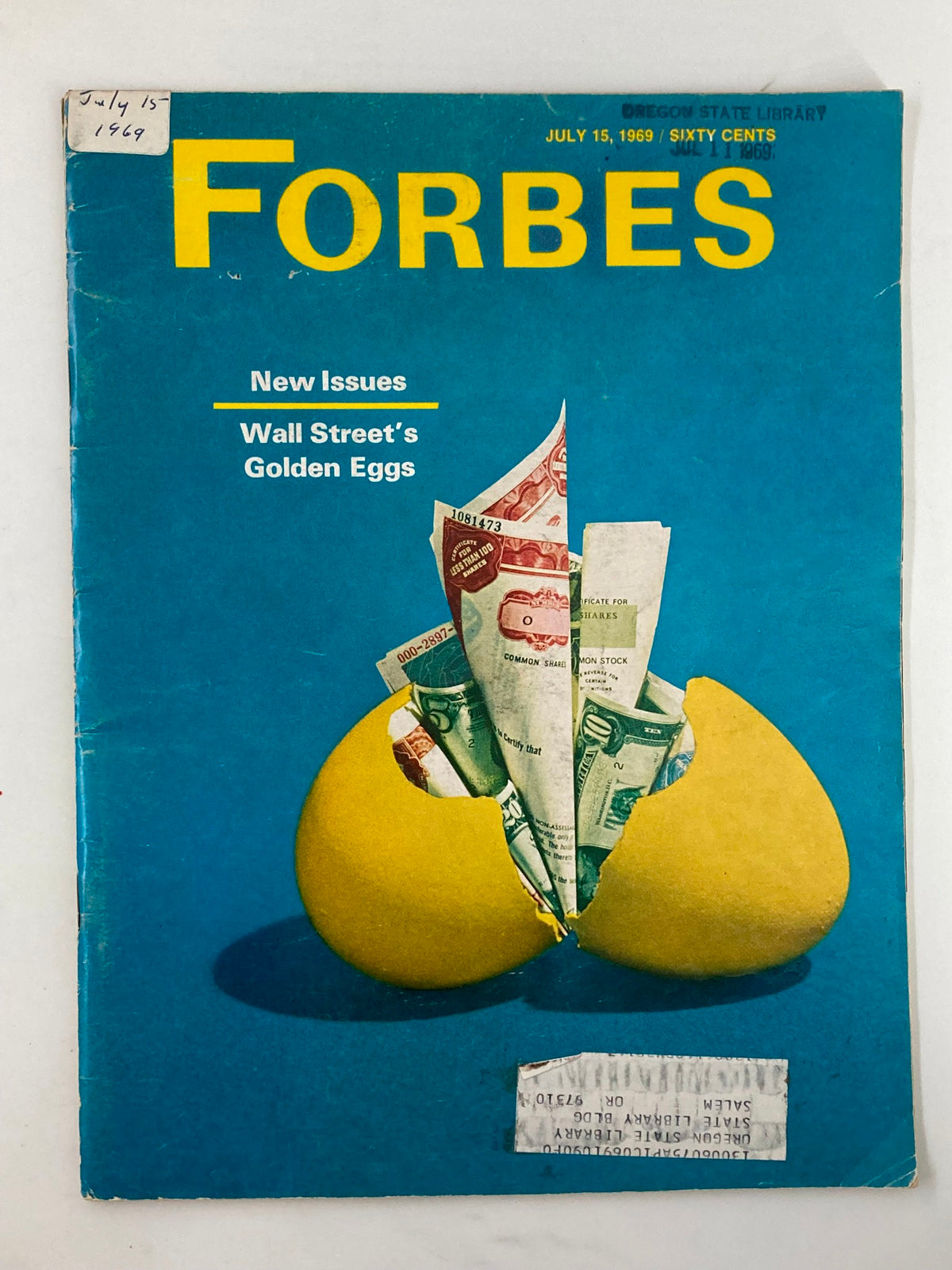 Cover of VTG Forbes Magazine July 15 1969, featuring the title and cover story 'Wall Street's Golden Eggs' with a graphic of yellow egg halves surrounded by US currency.