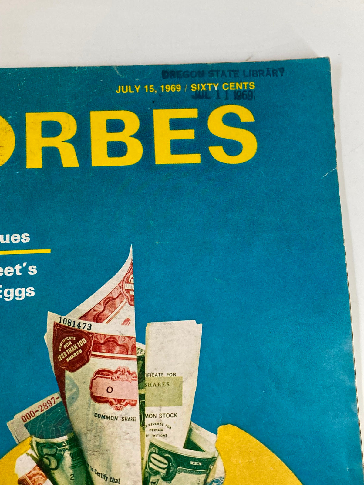 Close-up view of the cover of VTG Forbes Magazine July 15 1969, highlighting the title and story 'Wall Street's Golden Eggs' with details of the accompanying cash graphic.