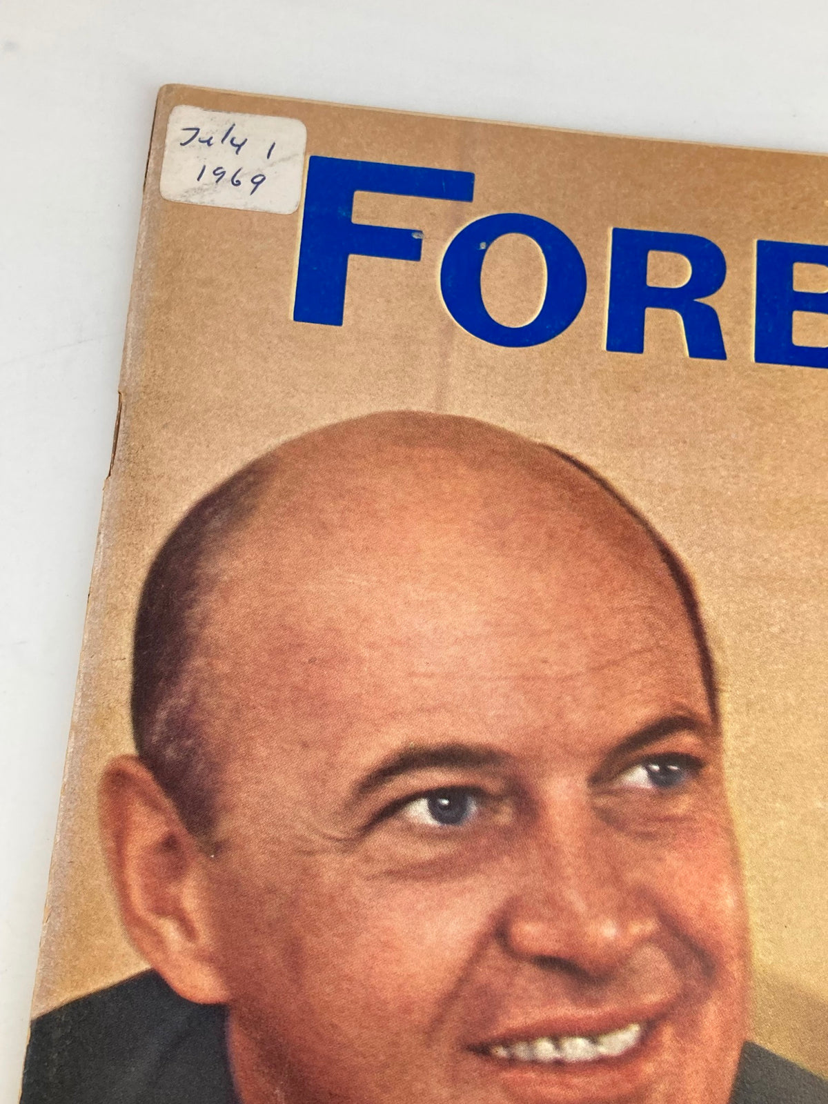 Close-up of the cover of VTG Forbes Magazine July 1 1969, highlighting the date and magazine title with a professional portrait.