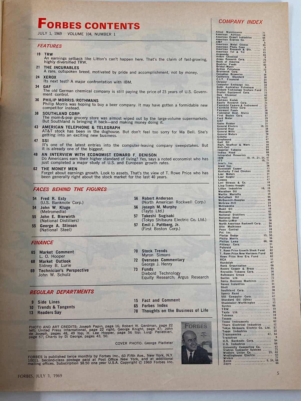 Contents page of VTG Forbes Magazine July 1, 1969, showcasing various features including sections on Philip Morris Rothmans, Xerox, and economic insights.