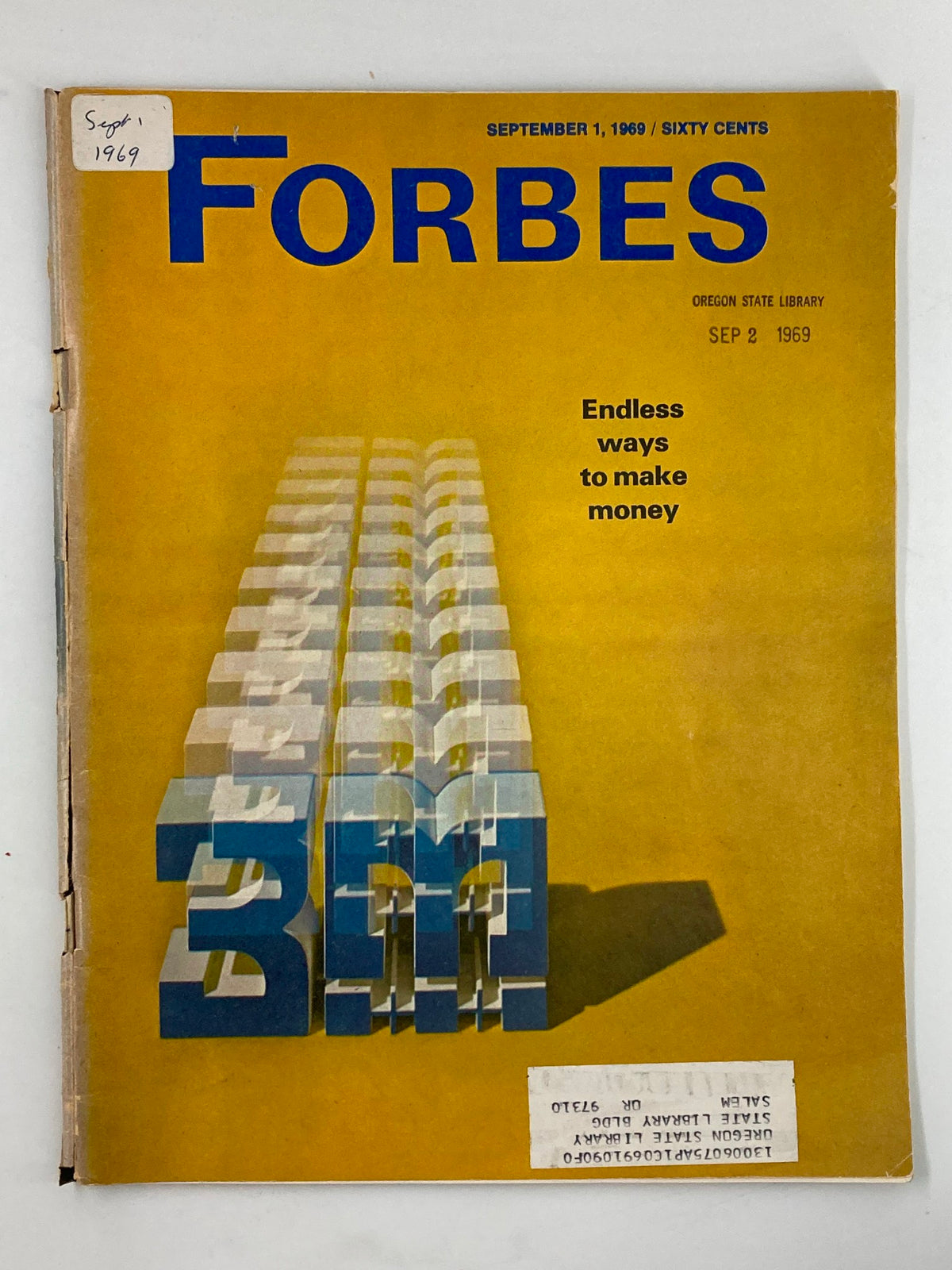 Cover of VTG Forbes Magazine September 1 1969 titled 'Endless Ways To Make Money' featuring bold blue text on a yellow background showcasing the magazine's unique vintage design.