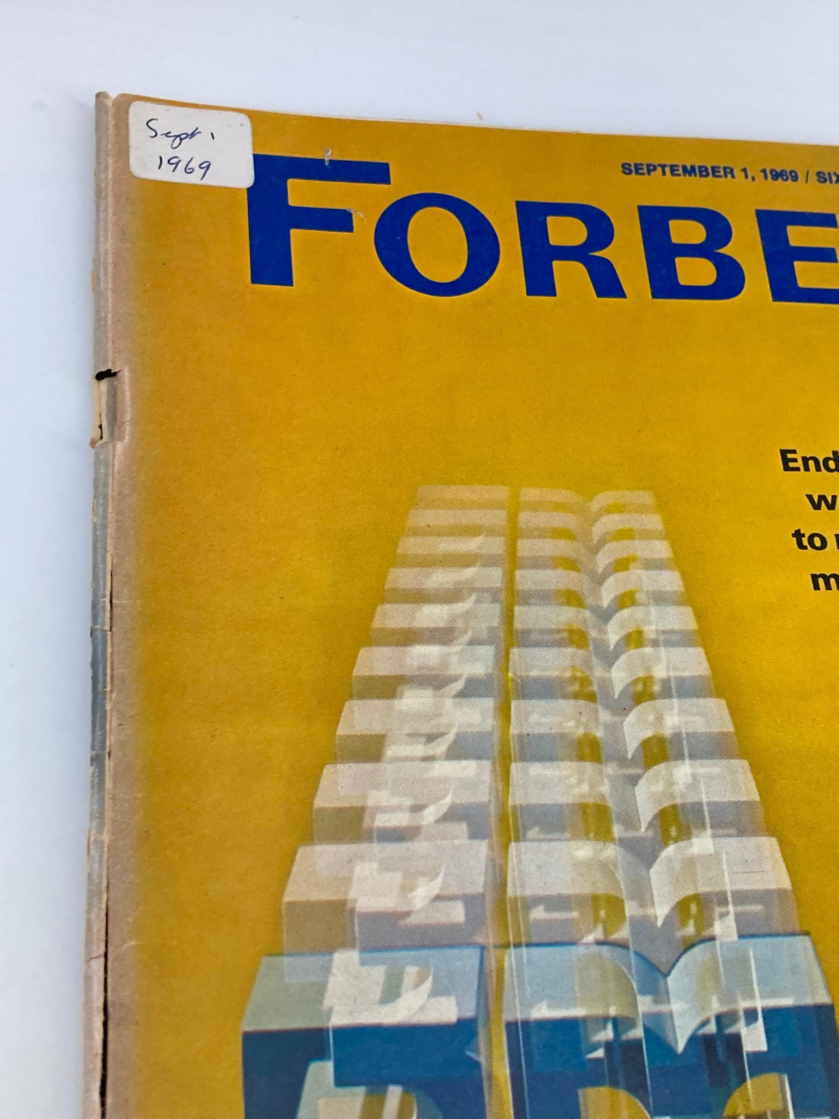 Side view of the cover of VTG Forbes Magazine September 1 1969 with visible date and vintage label emphasizing its historical significance.